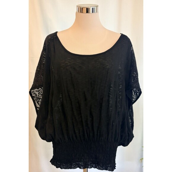 Free People Tops - Free People Sheer Black Mixed Lace Dolman Sleeve Blouson Top - Smocked Waist